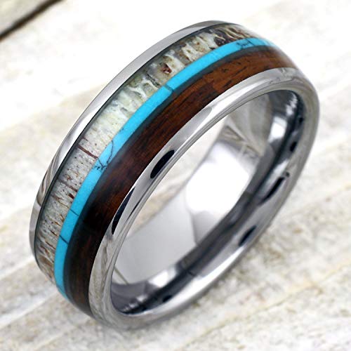 King's Cross Personalized Engraved 6mm/8mm Brilliant Polished Silver Tungsten Carbide Low Dome Band Ring with Deer Antler, Blue Turquoise, & Koa Wood Inlays.3