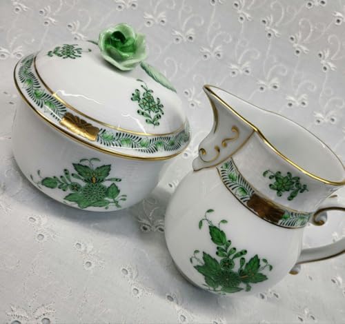 Herend Apony Green Sugar Pot Creamer Rose Pinch
