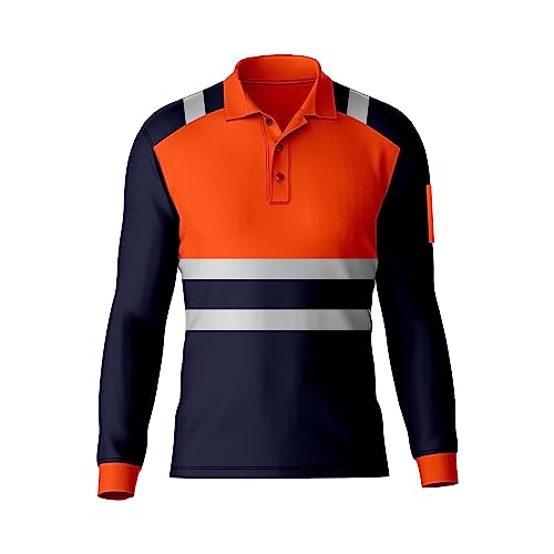 Mens High Visibility Reflective Tape Hi Vis Safety Workwear Polo Shirt Long Sleeve Tee Contrast Tshirt Top Navy Orange
