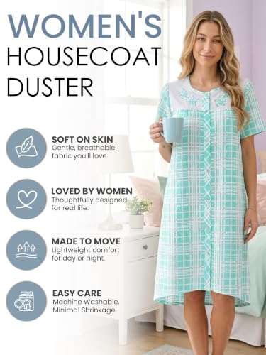 Image of Casual Nights Women's Snap - Front House Dress Short Sleeve Woven Housecoat Duster Lounger Robe with Pockets