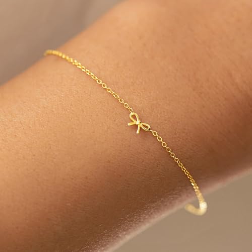 Gold Silver Bow Bracelet for Women Waterproof, 14K Plated Dainty Thin Tiny Mini Adjustable Chain Trendy Fashion Accessories Jewelry Gift for Womens Daughter Mom Christmas Stocking Valentines2