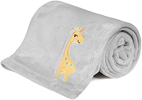 DaysU Plush Flannel Baby Blanket Super-Soft Lightweight, Embroidered Fleece Baby Blanket for Unisex, Portable Bed Throws for Baby Crib and Toddler Bed, Grey Giraffe, 30”x40”