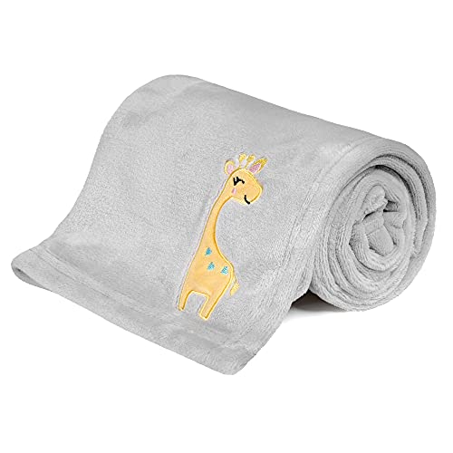 Image of DaysU Plush Flannel Baby Blanket Super-soft Lightweight, Embroidered Fleece Baby Blanket for Unisex, Portable Bed Throws for Baby Crib and Toddler Bed, Grey Giraffe, 30”x40”