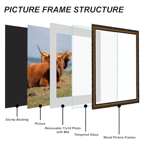 Image of 16x20 Black Frame with Mat Wood Vintage Ornate Picture Frame | Real Glass, Matted 11x14 or 16 x 20 Photos, Easy Photo Changes, Wall Hanging