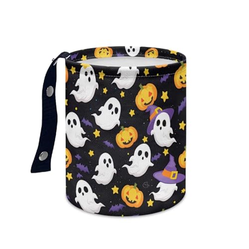 Image of Cute Ghost Pumpkins Hanging Car Trash Bag Vehicle Trash Can with Adjustable Buttons Collapsible Multipurpose Auto Storage Bag Road Trip Essentials