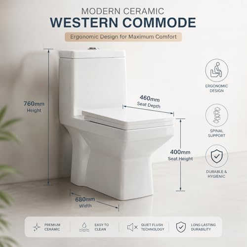 Image of KrissKross One-Piece Ceramic Western Toilet, P-Trap Soft-Close Seat Cover, Wash down flush, Rimless Hygienic Design, Compact Elongated Bowl, Floor-Mounted, White