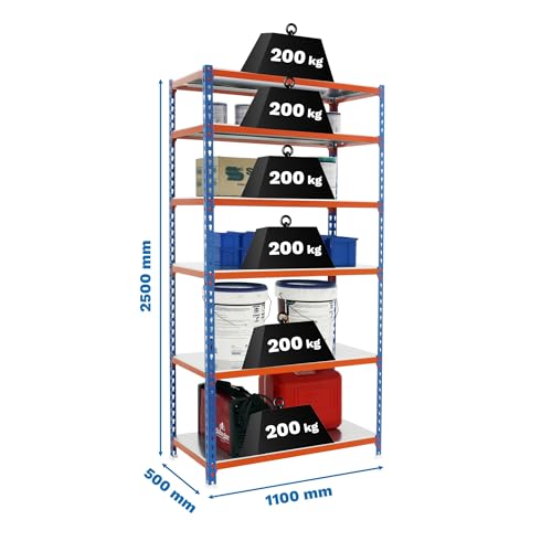 Simon Rack Scaffale Metallo Garage E 6 Ripiani, Capacità Di Carico 200 Kg E Punto Di Flessione, 2500X1100X500 Mm, Metallo, Scaffalatura Per Garage, Blu/Arancione/Zincato - Simonclick - 3