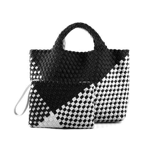 Image of Woven Bag for Women, Neoprene Tote Bag Summer Beach Handbag Purse Retro Handmade Travel Shoulder Bag Set