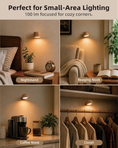Image of LED Wall Mounted Lights, Rechargeable Wall Sconces Lamp, 3 Color Temps & Remote and Touch, 360Rotation Dimmable Cordless Wall Light for Study Bedroom Reading Bedside(Wood, 3Pack)