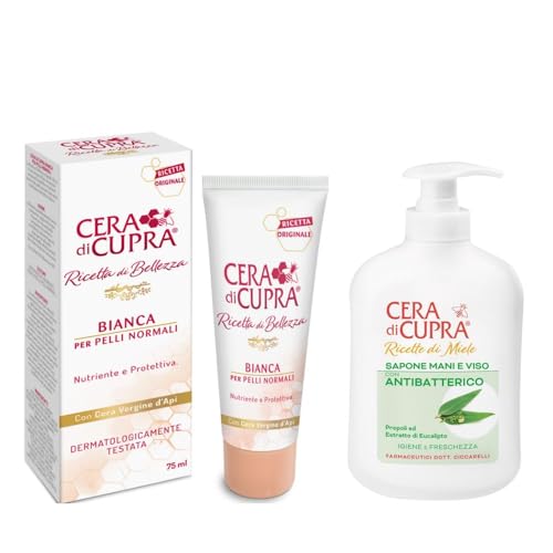 Cera di Cupra Kit Idratante Pelli Normali – Crema Viso Bianca 75ml + Sapone Mani e Corpo antibatterico 200ml – Igiene e Freschezza con Propoli ed Estratto di Eucalipto