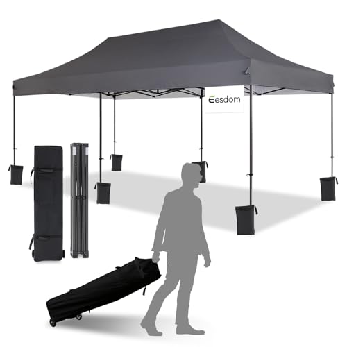 Eesdom 10x20 Canopy Tent with Roller Bag, Easy Up Pop Up Tent, 300D Silver-Coating Outdoor Shelter, 4 Stakes & 4Sandbags & 4 Ropes, Grey