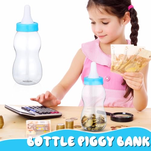 Image of Housoutil 11 Inch Baby Bottle Piggy Bank, Clear Large Plastic Baby Bottle Bank, Cute Transparent Coin Savings Box, Birthday Party Candy Jar Container for Boys Girls (Blue)