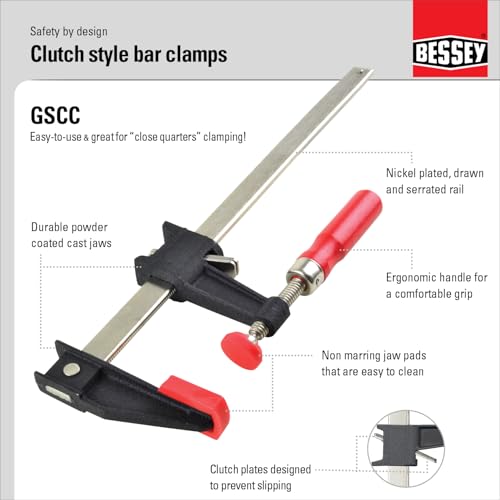 Image of BESSEY GSCC4PK-C Clamp Set for Woodworking, F-style with Wood Handle, Replaceable Pads, 2 x 6 In and 2 x 12 In, 600 lb, Red /Black /Silver