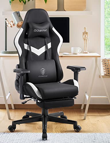 Sedia da ufficio da gaming, in tessuto, ergonomica, con funzione di massaggio, poggiatesta, cuscino lombare e poggiapiedi, bianco e nero - Sedia gaming - Immagine 1