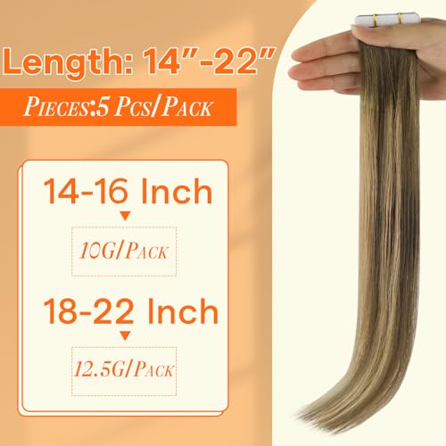 Image of Full Shine Injection Tape in Hair Extensions 5Pcs 20 Inch Seamless Skin Weft Tape in Extensions Color 4 Brown Fading to 27 Blonde And 4 Brown Virgin Hair Extensions Real Remy Human Hair 12.5 Gram