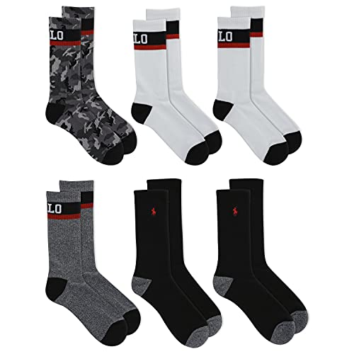 POLO RALPH LAUREN Men's 6-Pack Camo Crew Socks, Black Assorted, 10-13