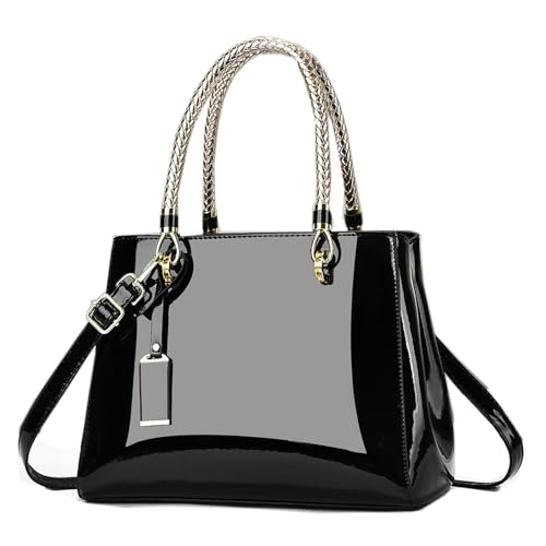 Bolsa de couro envernizado brilhante bolsa de ombro grande com alça superior para mulheres, Preto