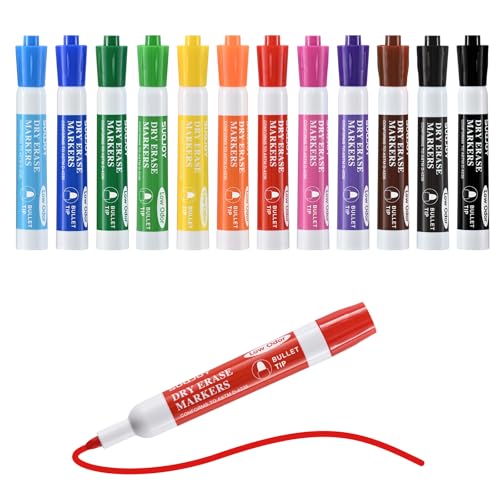SUQJOY Stylos pour tableau blanc, marqueurs effaçables à sec, pointe ogive, faible odeur, nettoyage facile, capuchon résistant au roulement, 12 couleurs,...