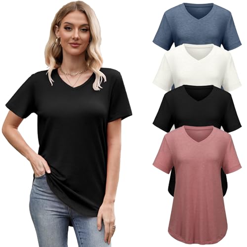 4 Pack Womens Tops Basic Summer V Neck T Shirts Short Sleeve Shirts Casual Loose Fit Tee Tops 2025 Trendy Clothes