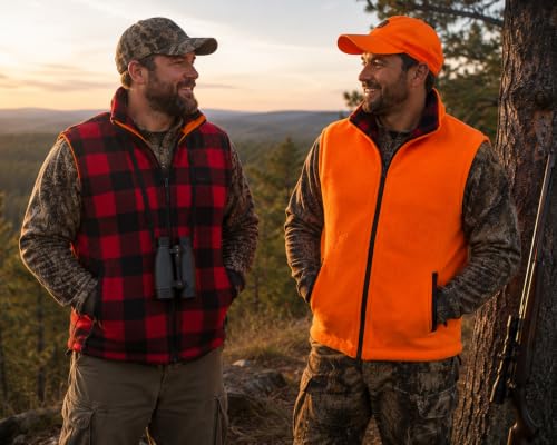 Image of Men's Reversible Camo / Buffalo Red Plaid & Orange Fleece Hunting Vest