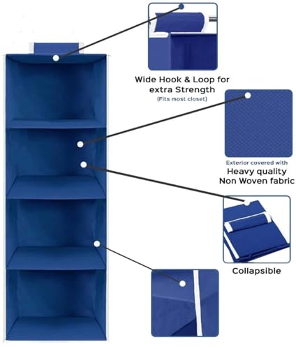 Image of Hanging Closet Organizer for Clothes Storage | Foldable Wardrobe Hanging Storage Rack | Non-Woven Multipurpose Cupboard Organizer for Clothes, Towels & Accessories (Blue, Pack of 1, 4)