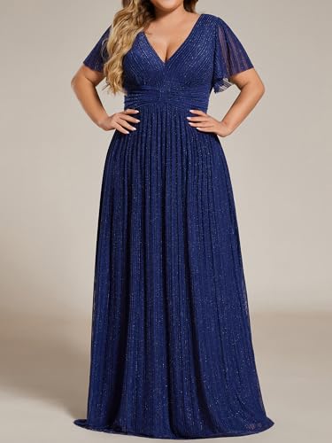 Image of Ever-Pretty Women's Plus Size Glitter Formal Dresses for Curvy Women A Line V Neck Gala Mother of Bride Dress Evening Gown
