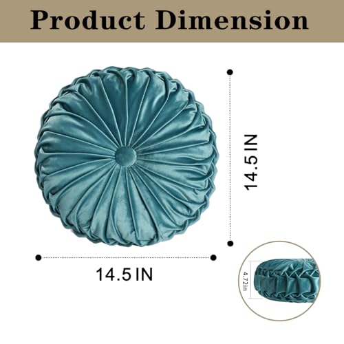 Image of HIG Set of 2 Teal Ruched Velvet Round Throw Pillows - 14.5'' Decorative Pillows with Soft Polyester Filling for Couch, Bed, Living Room, Bedroom, or Dorm - Handmade, Stress Relieving, All-Season