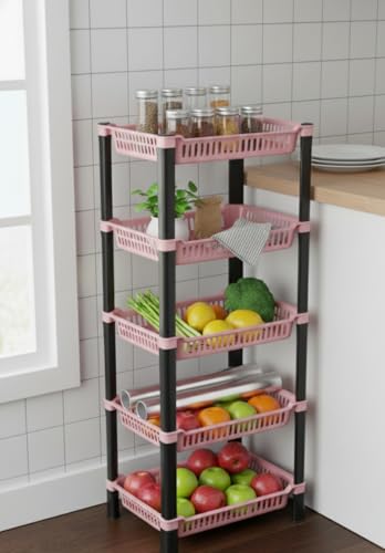 Image of U-Max Multi Tire Kitchen Storage Rack, Plastic Utility Shelf Organiser, Space Saving Storage Solution, Revolving Vegetable Rack (Orange, 5)