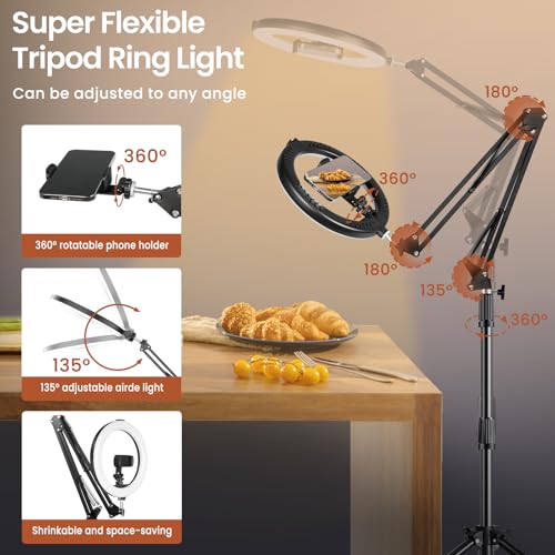 Ring Light Overhead Phone Mount with Casters, Dual-Purpose Floor/Desk Light Tripod for iPhone, Selfie Phone Tripod for Video Recording/Live Streaming/Cooking