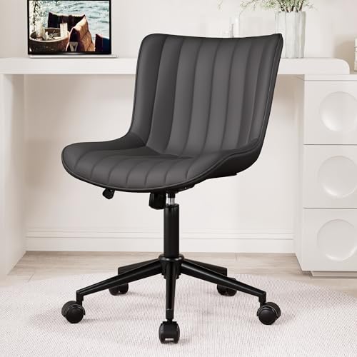 Image of YOUNIKE Office Desk Chair with Wheels Armless Vanity Chair Ergonomic Black | Faux Leather Upholstered with Rocking Back, Swivel Height Adjustable, Modern Small Cute Task Chair For Sewing Drafting