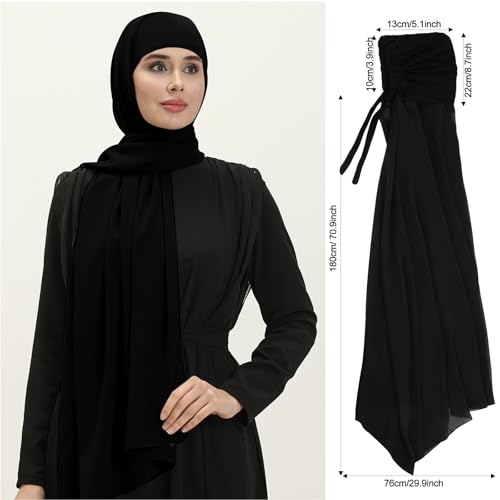 XEPST Instant Hijab for Women, Islamic Muslim Chiffon Hijab with Matching Tie Back Hijab Undercap Soft Instant Hijab Ready to Wear Solid Color Headscarf Turban Wrap Hijab Scarf for Women, Black2