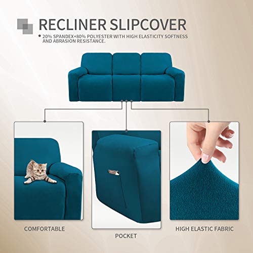 Image of Easy-Going 8 Pieces Microfiber Stretch Sectional Recliner Sofa Slipcover Soft Fitted Fleece 3 Seats Couch Cover Washable Furniture Protector with Elasticity for Kids Pet(Recliner Sofa,Peacock Blue)