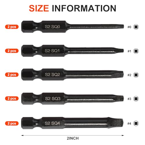 Image of COMOWARE 10pcs Square Bit Set (SQ0-SQ4), S2 Steel 1 /4 inch Hex Bit Set, Tamper-Proof Driver Bits Sets, CNC Tip Magnetic Drill Bitss, 2 inch Length, Impact Hex Bits Sets For Electronic Devices Disassembly