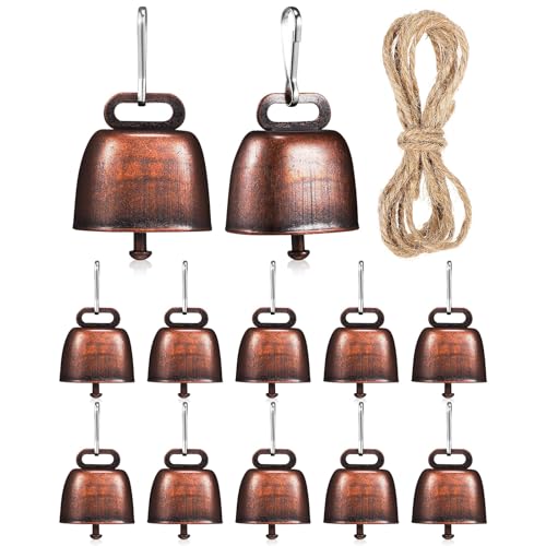 Veemoon 12 Campanacci per Bestiame in Bronzo Rosso Antiruggine Corda in Canapa 2m, Campana Rumorosa per Mucche, Cavalli, Capre e Pecore da Pascolo, Accessorio Fattoria per Sicurezza
