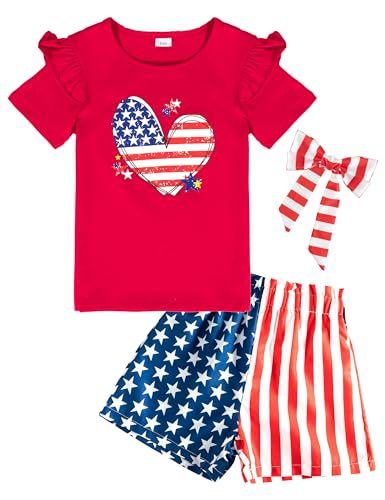 Image of Toddler 4th Of July Outfit Girl 2t-3t Girls 4th Of July Outfit Cute Ruffle Red Top Star Stripe Shorts Patriot Set