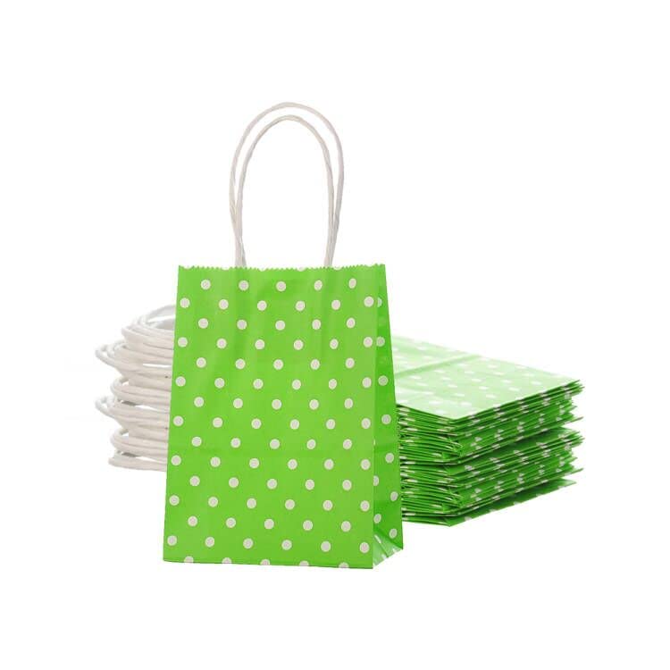 AWELLSmall Green Paper Bag with Handle 6x4.5x2.5 inch for Birthday Summer Graduation Party Favor Bag, White Dots, Pack of 24