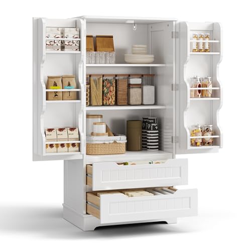 Blishom Buffet Cuisine, collation Armoire Cuisine avec 2 Portes et 2 Tiroirs, Meuble de Rangement, Vaisselier Vitrine, pour Chambres, Salons,60×40×120cm,Blanc