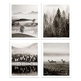 Nature Landscape Pictures Wall Art - Foggy Forest Tree Mountain Prints Wild Animals Deer Lake Scene Artwork for Living Room, Bedroom, Office Decor Set of 4, 8x10 Inch UNFRAMED