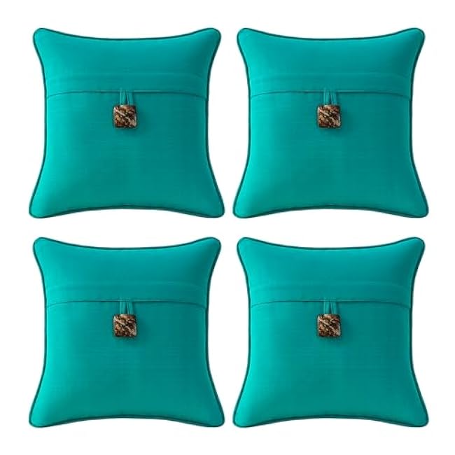 Outdoor Decorative Pillows with Coconut Button Pack of 4, 16 x 16 Outdoor Pillow Set for Couch Bed Throw Patio Sofa, Peacock Blue