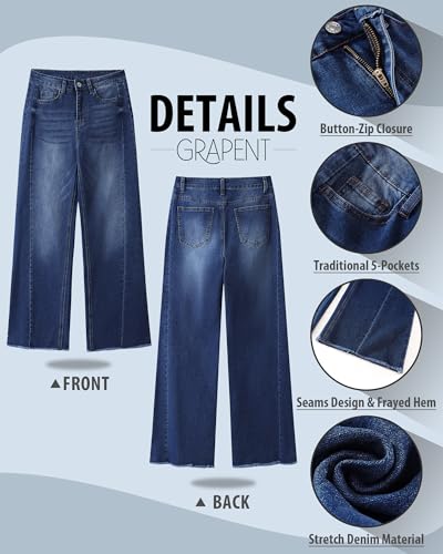 GRAPENT Wide Leg Jeans for Women High Waisted Trendy Strechy Denim Pants Side Seam Frayed Hem Baggy Work Trouser Jeans4