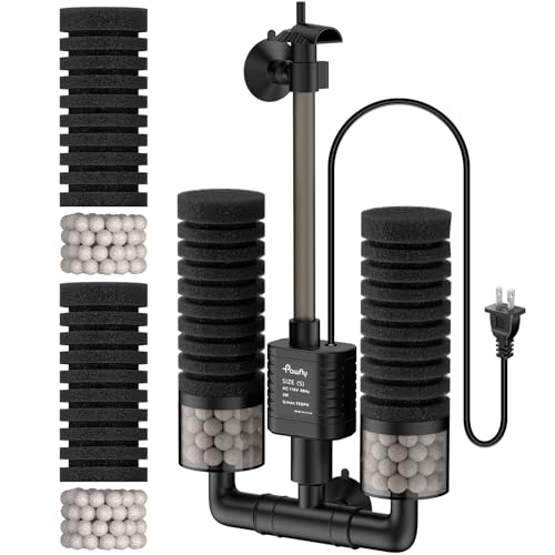 Pawfly Aquarium Sponge Filter 70 GPH Fish Tank Filter 3 W Submersible Small Aquarium Filter with Water Pump Double Foams & Ceramic Balls Quiet Bio Sponge Filter for 10-40 Gallon Tanks