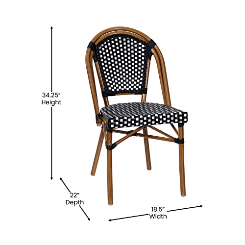 Image of Flash Furniture Bordeaux Set of 2 Indoor /Outdoor Commercial Bistro Stack Chairs - Black /White PE Rattan Back and Seat - Natural Bamboo Print Aluminum Frame