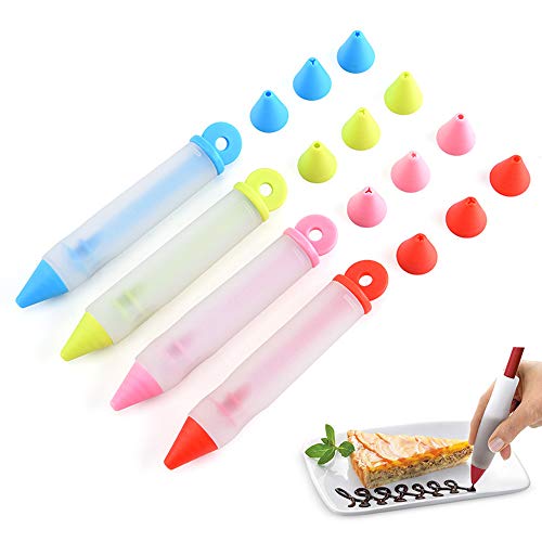 HOMUT 4Pcs Silicone Food Writing Pen Cake Decorating Tool, Chocolate Cake Decoration Tool with 4 Heads Cookie Icing Piping Pastry Nozzles For Bakery Kitchen 4 Colors AA0085