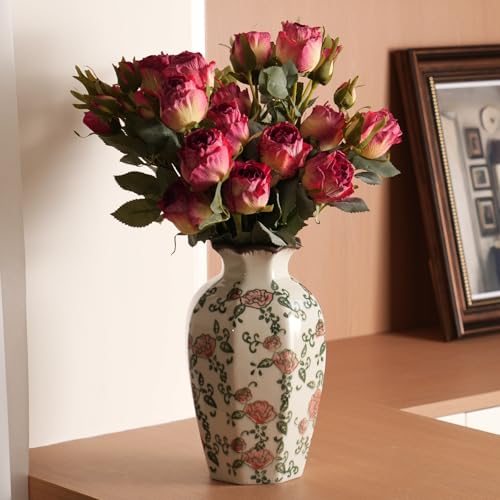 SJIE Vintage Ceramic Vase - 9 Inch Hand-Painted Roses with Ice Crackle Glaze Finish, American Farmhouse Style Pitcher Vase for Home Decor, Centerpiece, Shelf, Table, Office, Rustic Wedding Gift