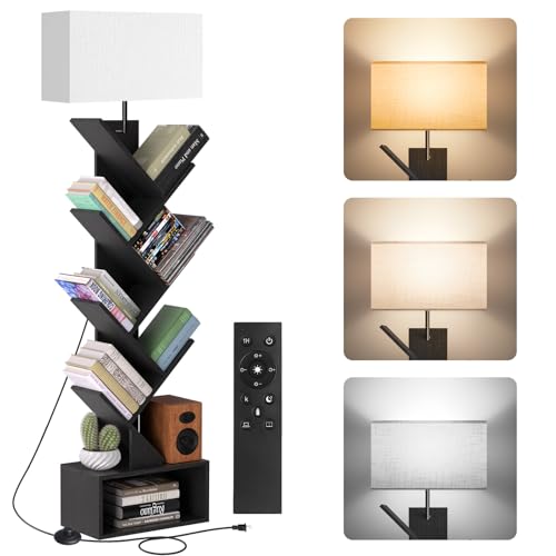 Bookshelf with Light & Remote Control, 6 Tier Dimmable Tall Tree Book Shelf, Narrow Wood Bookcase for Books/CDs/Movies, Small Book Organizer Shelves for Bedroom, Living Room, Office (Black)