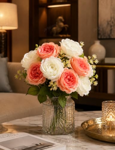 Image of Divyakosh Artificial Flowers for Vase (10 Peonies), Artificial Flowers Bunch (Vase Not Included), Luxury Floral Centerpiece for Living Room Dining Table Office Decor