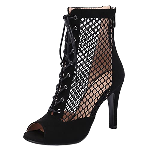 SHEMEE Women's Peep Toe Mesh Stiletto High Heels Ankle Boots Lace Up Summer Fishnet Open-toe Sandals Booties with Back Zipper
