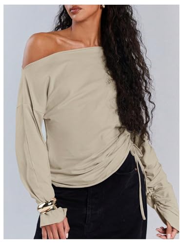 MakeMeChic Y2k Women's Off The Shoulder Long Sleeve Tops Going Out Asymmetrical Trendy Tops Cropped Sweatshirt4