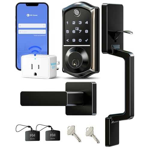 Veise VE017-D Wi-Fi Fingerprint Smart Front Door Lock Set, App Control, 7-in-1 Keyless Entry Deadbolt with Lever Handle, Emergency Power Port, Auto Lock, Touchscreen Keypad, Easy Install, Ma
