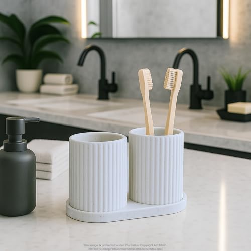 Image of Tooth Brush Holder Bathroom, Brush Holder for Bathroom Organizer, Toothbrush Holder Stand, Brush Stand, Comb Holder, Hostel Essentials for Girls College, Toothpaste Holder | Plastic | Marble Finish |